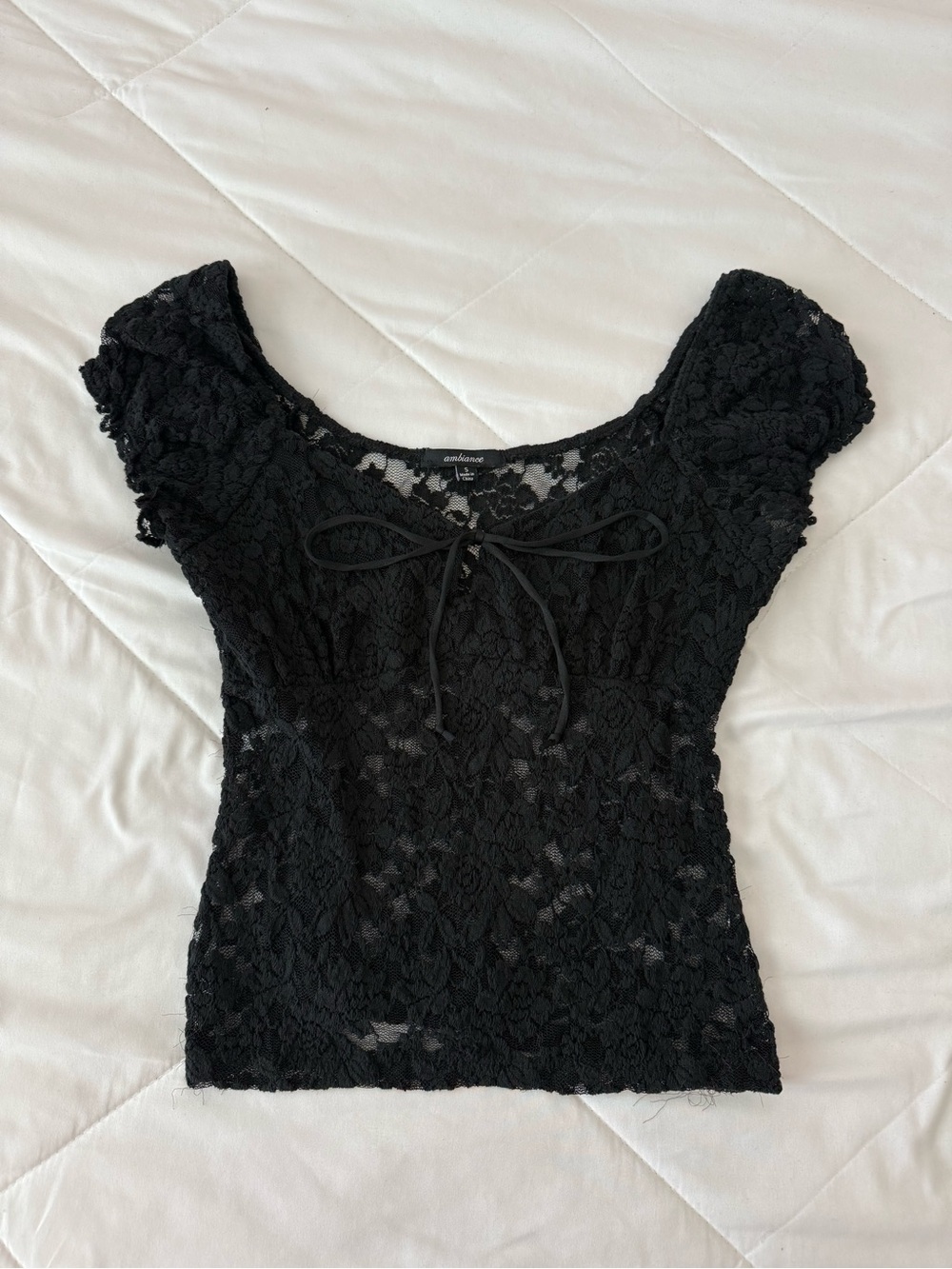 Ambiance Black Lace Short Sleeve Tie Front Top